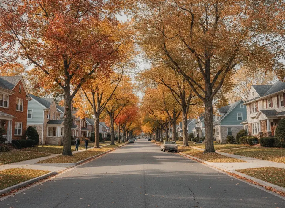 Tree-lined Dayton-area street with brick and siding homes