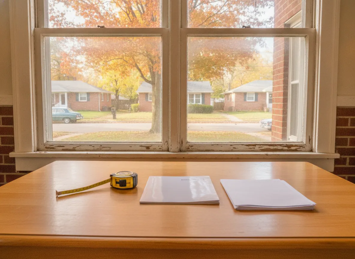 Illustration: A kitchen table in a brick Dayton-area house with a tape measure, a window brochure and folded paperwork beside an old wood double-hung window.