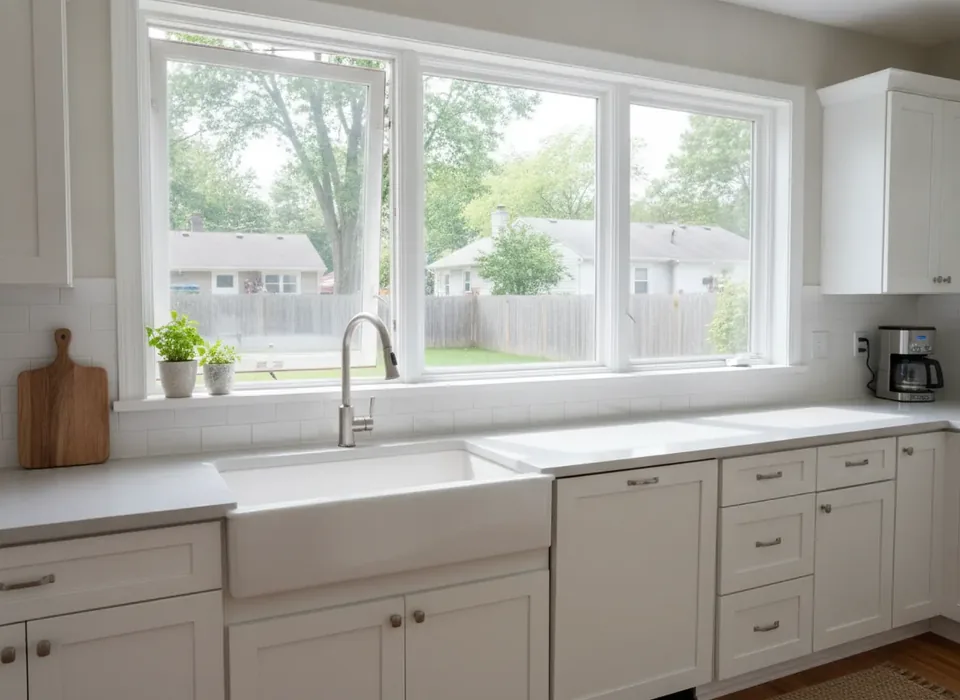 Casement window cranked open over a kitchen sink