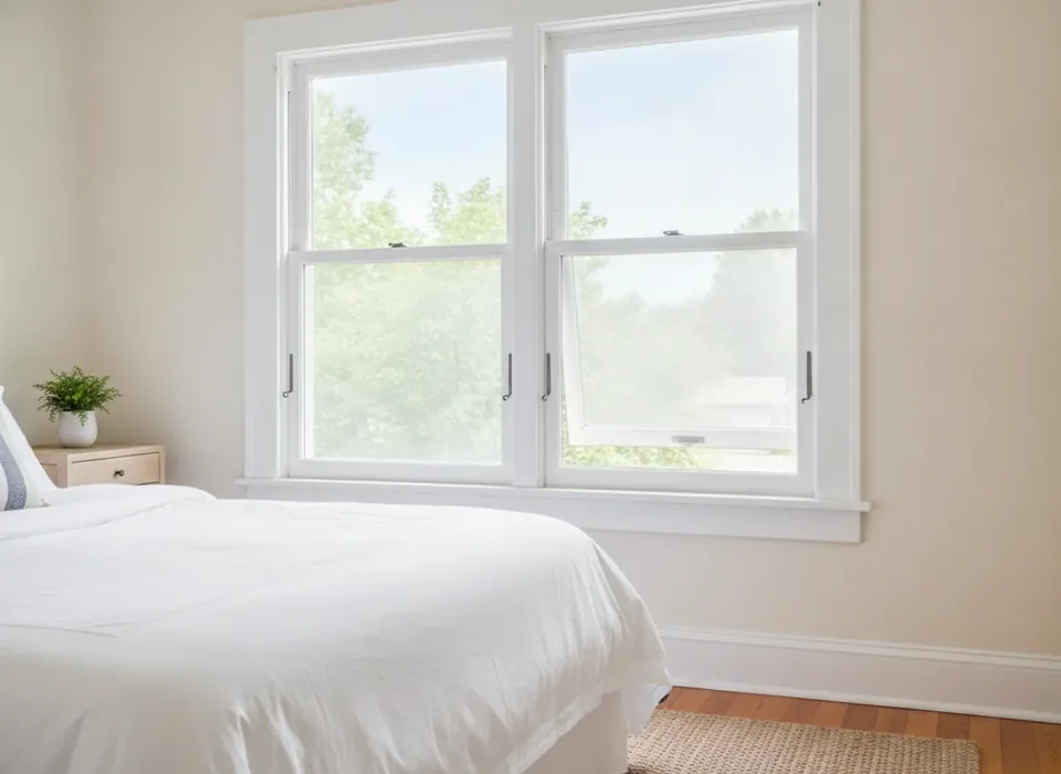 Double-hung window with the sash tilted in for cleaning