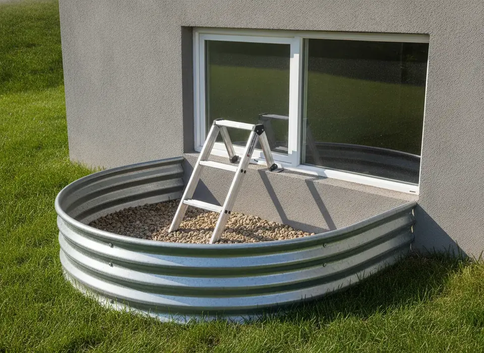 Egress window with a steel window well beside a foundation