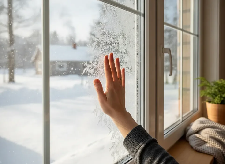 Hand on the glass of an insulated window on a snowy day