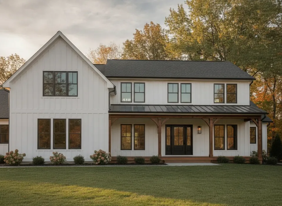 Dark fiberglass windows on a suburban farmhouse-style home
