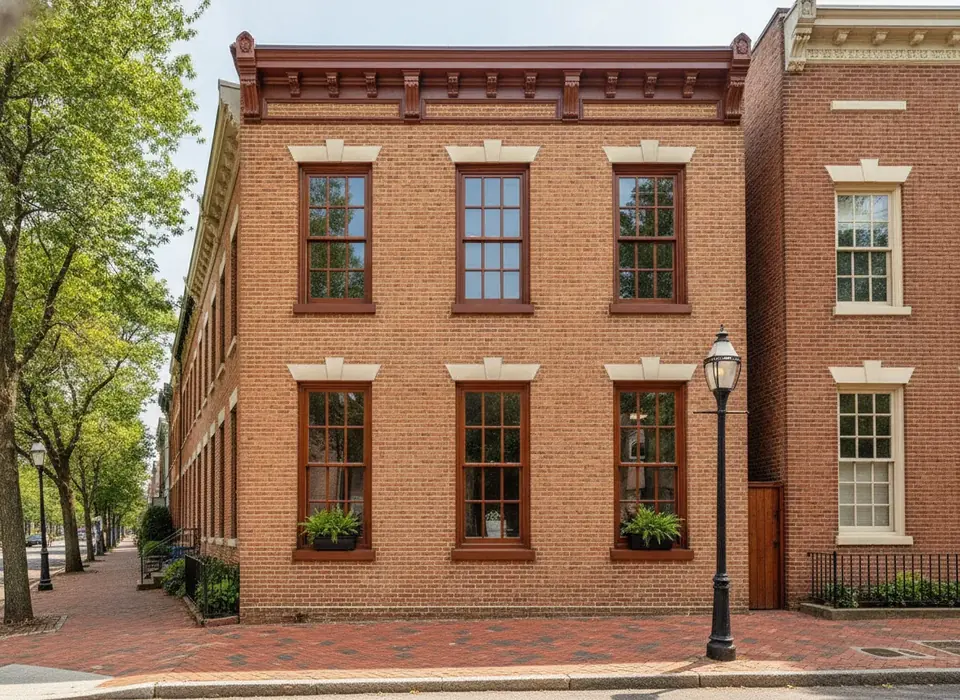 Restored wood sash windows on a historic brick row house
