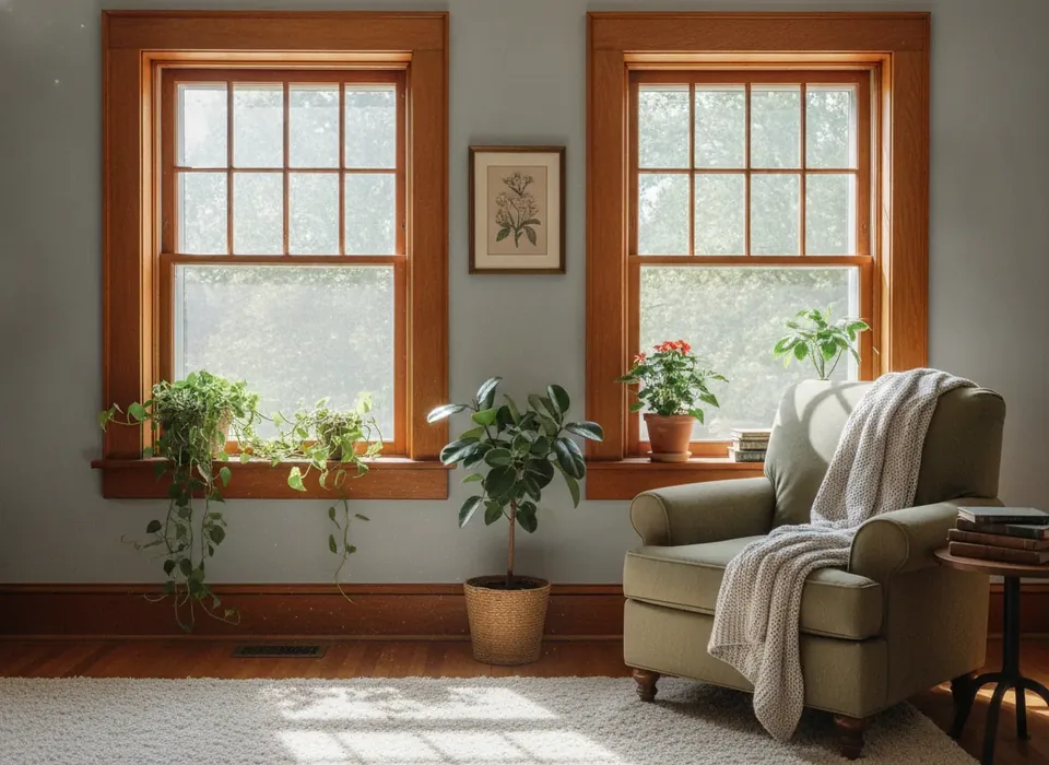 Stained wood double-hung windows in a living room